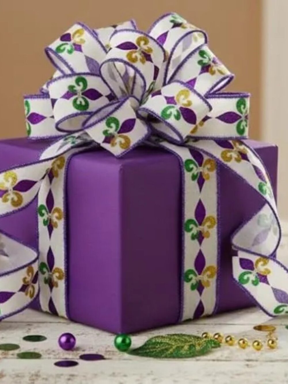 3" x 10 Yds David Christopher Mardi Gras Fleur De Lis Glitter Wired Ribbon Bow